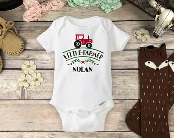 Personalized Farm Onesie® Baby Bodysuit, Little Farmer Tractor Onesie® Country Baby Shower Gift Pregnancy Announcement Farm Help Boy or Girl