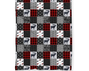 Buffalo Plaid Crib Blanket For Baby Boys Red and Black Woodland Deer Buck and Antlers Theme Soft Minky Fleece Baby Shower Gift FREE SHIPPING