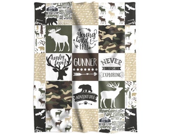 Hunting Baby Blanket, Personalized Camo Baby Boy With Woodland Moose, Deer, Bear - Camo Baby Shower Gift Nursery Toddler Bed - FREE SHIPPING