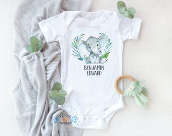Watercolor Elephant Baby Boy Onesie®: Jungle Theme, Custom Name