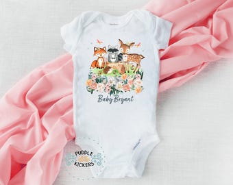 Personalized Woodland Friends Baby Onesie: Floral Girl Shower Gift