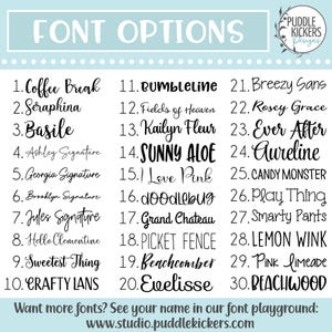a list of various font options, including names and descriptions, along with a website address for more font options.