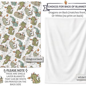 a pattern of green and white dragons on a white background. The text indicates that the dragons on the back of the blanket can be either white or printed on the back side.