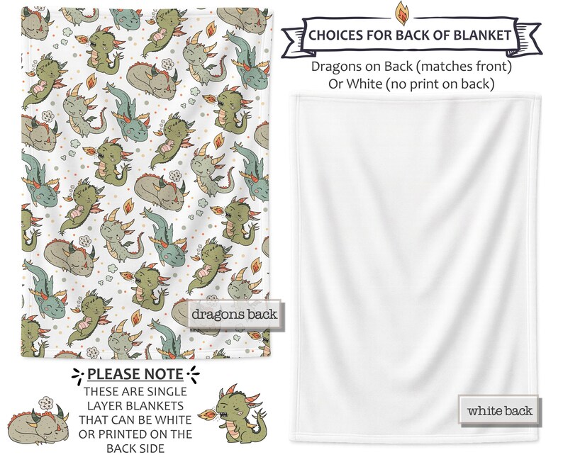 a pattern of green and white dragons on a white background. The text indicates that the dragons on the back of the blanket can be either white or printed on the back side.