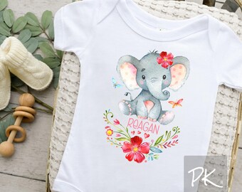 Personalized Baby Girl Onesie: Watercolor Elephant, Pink Floral Design