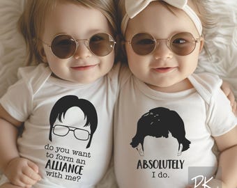 Funny Twin Onesie® Bodysuits Set, Funny Twins Baby Shower Gift, Best Friends Gift, Big Little Shirts, Funny Office Babie, Classic Dwight Jim