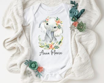 Personalized Baby Girl Elephant Onesie: Hibiscus Flower Shower Gift