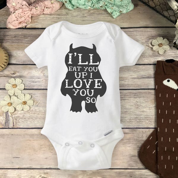 Cute Monster Onesie® - I'll Eat You Up I Love You So | Choose Any Color | Wild Things Monster Baby Shower Gift, Take Home Outfit Onsie