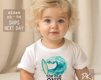 Surf Birthday Onesie: Watercolor Surfboard, Ocean Waves - First Birthday