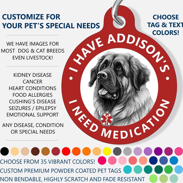 Medical ID Dog Tag - CUSTOMIZE - I Have Addison's Disease - (Hypoadrenocorticism) - Medical Pet ID Tag - Medical Alert Tag - Leonberger Dog