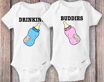 Twins Drinking Buddies Onesie® - Pink or Blue Bottles - Baby Boy or Girl Onsies - Cute Twins Matching Onesies - Funny Twins Baby Shower Gift