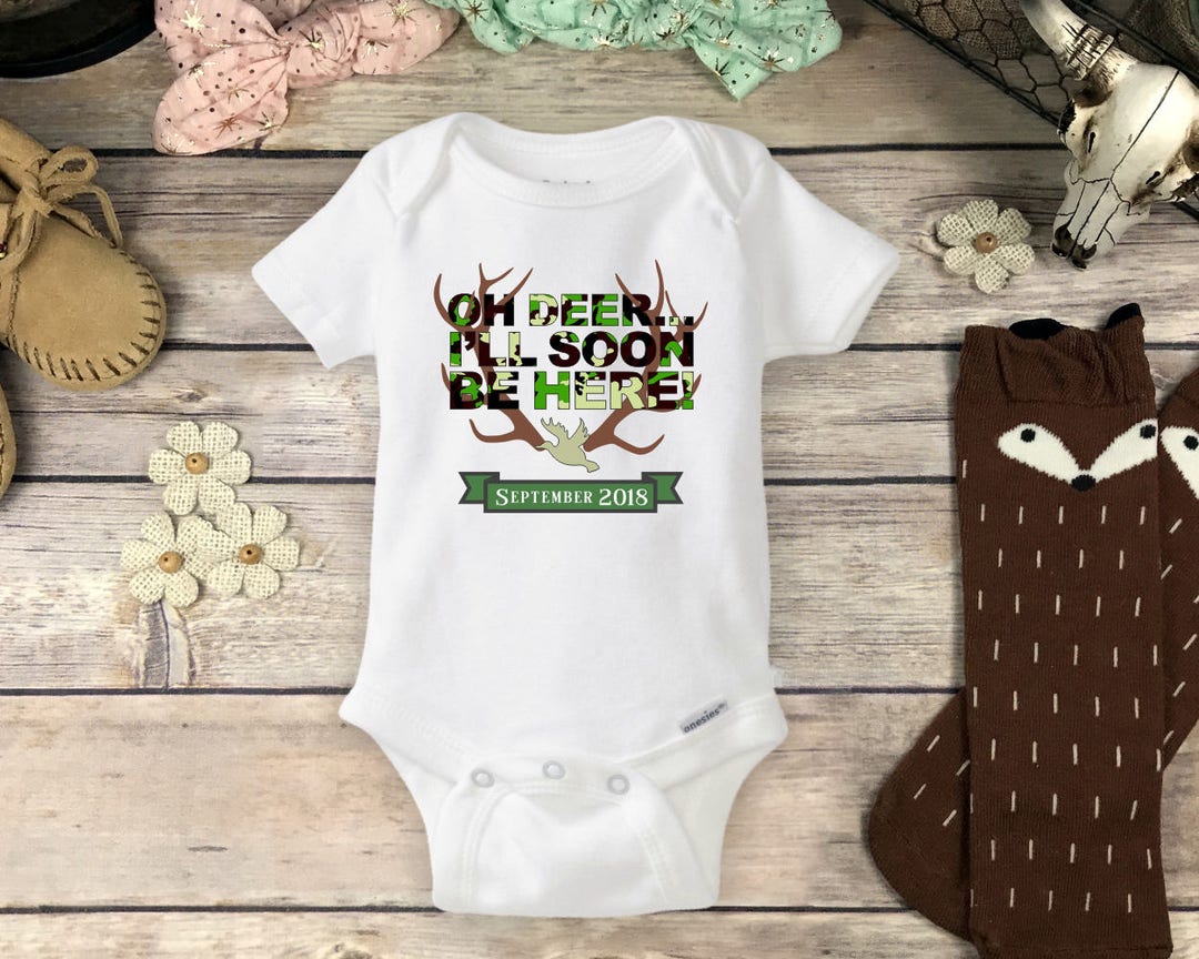 Hunting Pregnancy Announcement Onesie® Buck Hunting Baby Boy or Girl With Antlers, Ducks, Camo