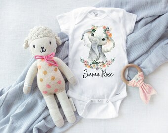 Elephant Baby Girl Onesie: Personalized Floral Newborn Gift
