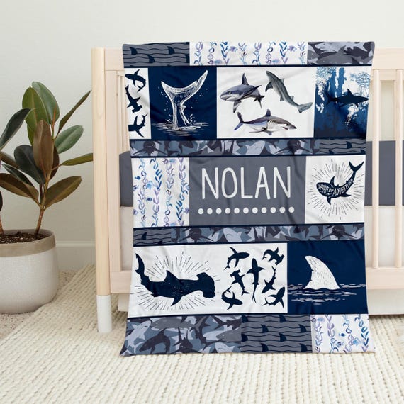 Personalized Shark Baby Blanket: Custom Name Ocean Nursery, Soft Minky Fleece, Newborn Keepsake Gift