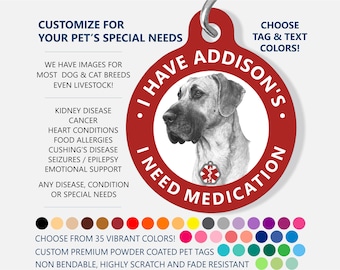 Medical ID Dog Tag - CUSTOMIZE - I Have Addison's Disease (Hypoadrenocorticism) - Medical Pet ID Tag - Medical Alert Tag, Great Dane Dog