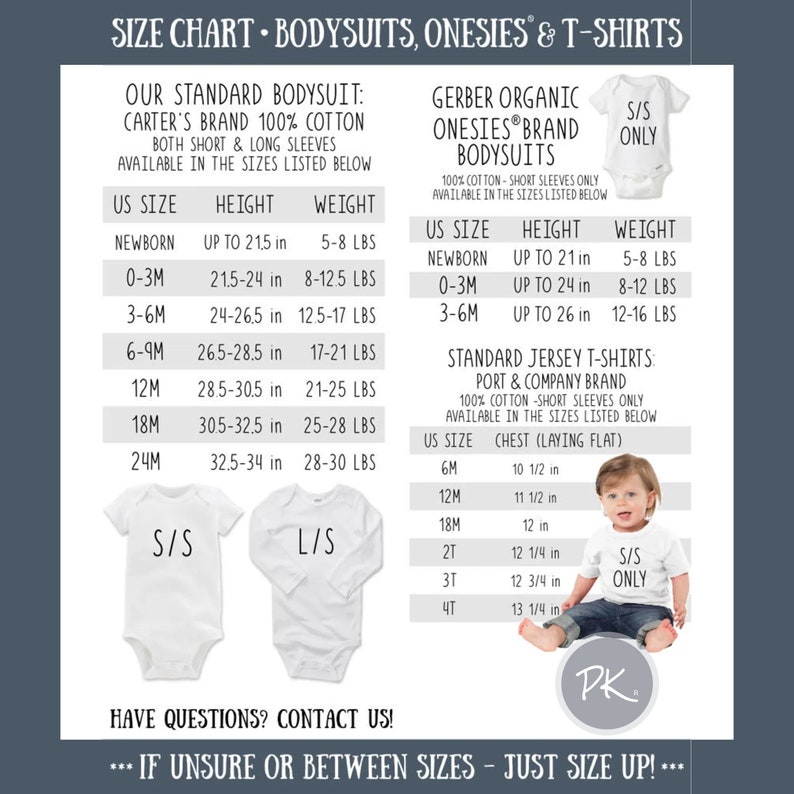 a baby size chart for bodysuits, gerber onesies and infant tee shirts