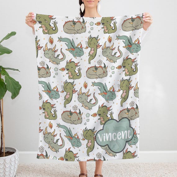 Personalized Dragon Baby Blanket: Custom Name – Fantasy Nursery Decor, Green Kawaii Gift