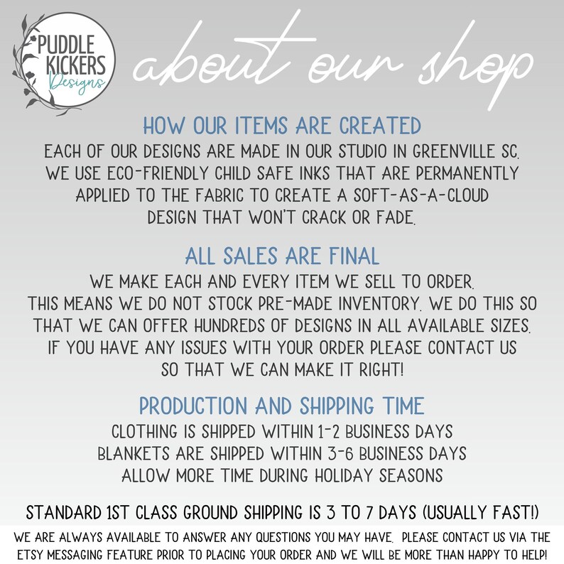 The image is a promotional image for a shop that creates items using eco-friendly child safe inks and fabric. It features a description of how the items are created, the shop's final sales process, and the standard shipping time for their products.