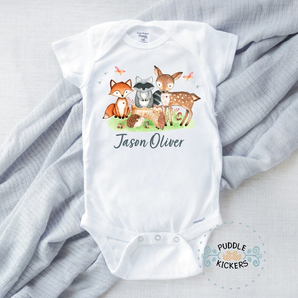 Personalized Woodland Friends Onesie® Woodland Fox Raccoon Deer Owl Onesie Foral Baby Shower Gift Pregnancy Announcement Reveal Boy Onsie