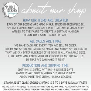 The image is a promotional image for a shop that creates items using eco-friendly child safe inks and fabric. It features a description of how the items are created, the shop's final sales process, and the standard shipping time for their products.