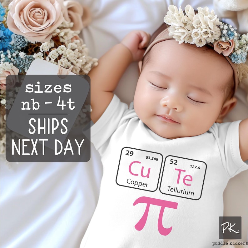 a sleeping baby girl wearing a onesie with chemistry symbols - Cu Te and the pi symbol for cutie pie