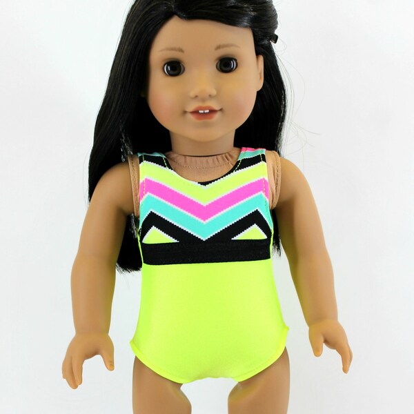 18 Inch Girl Doll Clothing - Spring Summer Swimwear Swim Suit Bathing Suit - Neon Yellow 1-Piece Chevron Swinsuit to fit 18-in Girl Dolls