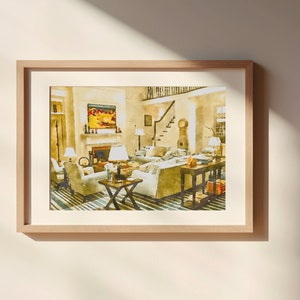 Pintura em aquarela sem moldura da sala de estar de Erica Barry em Hamptons, pôster fosco, impressão artística