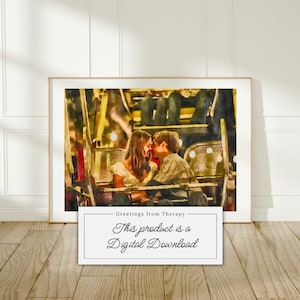 Puede incluir: Impresión en acuarela de una pareja abrazándose, sentada en un tiovivo antiguo. La obra de arte está enmarcada y expuesta sobre un suelo de madera. Un letrero debajo dice "Greetings from Therapy. This product is a Digital Download."