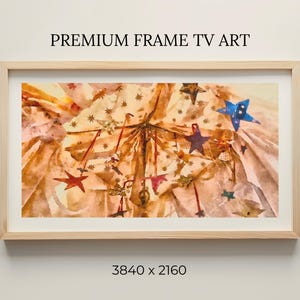 Könnte beinhalten: Gerahmter digitaler Kunstdruck mit Aquarell-Effekt. Das Kunstwerk zeigt ein festliches Design mit sternförmigen Ornamenten in Rot, Blau und Lila. Der Text "PREMIUM FRAME TV ART" steht oben und "3840 x 2160" unten.