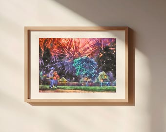Gra 4 lipca, akwarela, ilustracja cyfrowa, wydruk artystyczny, gruby matowy papier