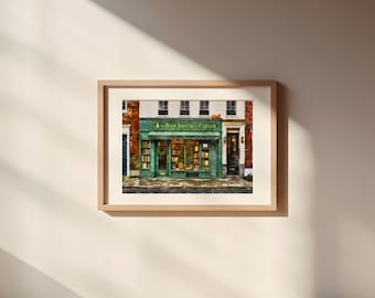 Shop Around the Corner Watercolor Digital Illustration Art Print, Thick Matte Paper