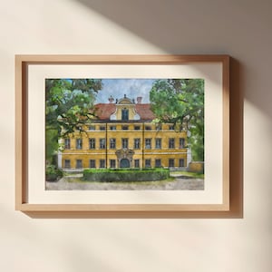 May include: Watercolor painting of a yellow building with a red roof, framed in a light wood frame. The building has many windows and is surrounded by green trees and a hedge. The artwork is displayed on a beige wall.