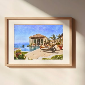 May include: A watercolour painting depicting a house with a swimming pool and deck chairs. The house is a light brown colour with a terracotta roof. The pool is blue and surrounded by a white patio. The deck chairs are white with blue cushions. The painting is set against a blue sky with white clouds.