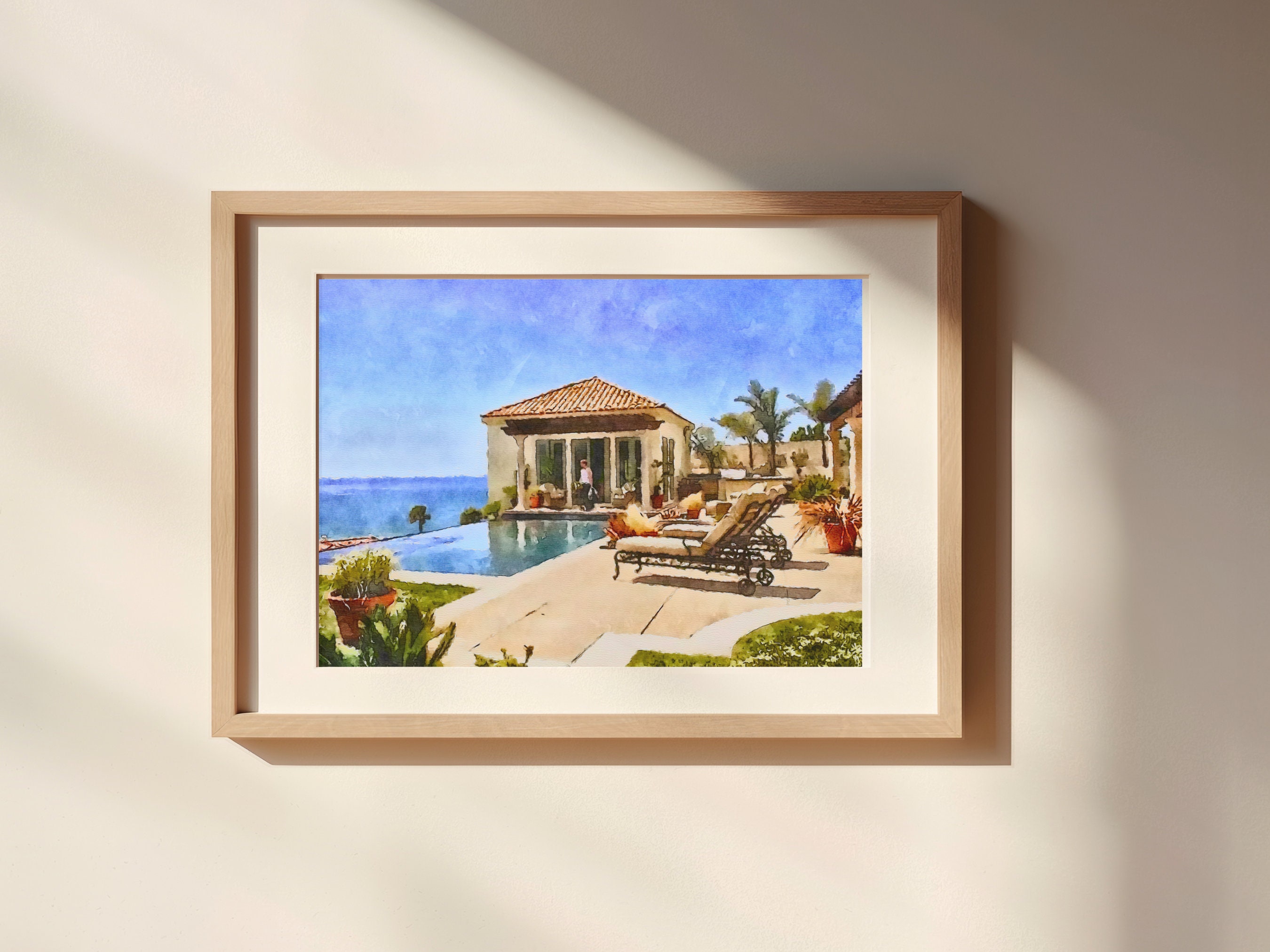 O.C. Pool House Watercolor Painting Unframed Matte Poster Art Print