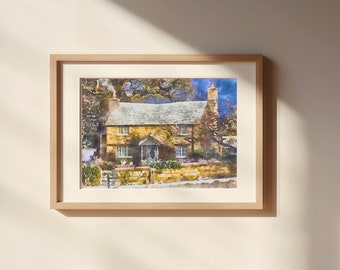 Rosehill Cottage Watercolor Digital Illustration Art Print, Thick Matte Paper