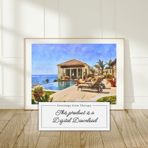 Puede incluir: Una pintura de acuarela de una casa con una piscina y palmeras. La casa es blanca con un techo de tejas rojas. La piscina es azul y está rodeada por un patio blanco. Las palmeras son verdes y se balancean con la brisa. El cielo es azul con nubes blancas. El texto "Greetings from Therapy" y "This product is a Digital Download" está en la parte inferior de la imagen.