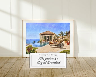 O.C. Pool House Watercolor Painting Digital Art Print