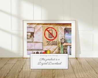 No Cell Phones Watercolor Digital Illustration, Printable Wall Art Download