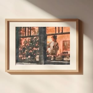 Peut inclure: Une peinture à l'aquarelle d'une personne décorant un sapin de Noël dans une pièce chaleureuse et bien éclairée. La personne se tient devant une fenêtre, et le sapin est décoré de lumières et d'ornements. La peinture est encadrée dans un cadre en bois clair.
