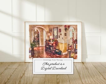 Lorelai's woonkamer aquarel digitale kunstafdruk