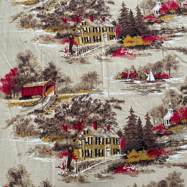 Vintage 1950s Barkcloth Panel with a New England Estate Scene