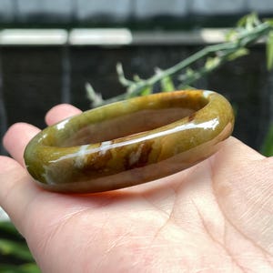Unique Green Brown Jadeite Bangle, Certified 53.3 mm Round Jadeite Bangle, Unique Colour Jadeite Bangle