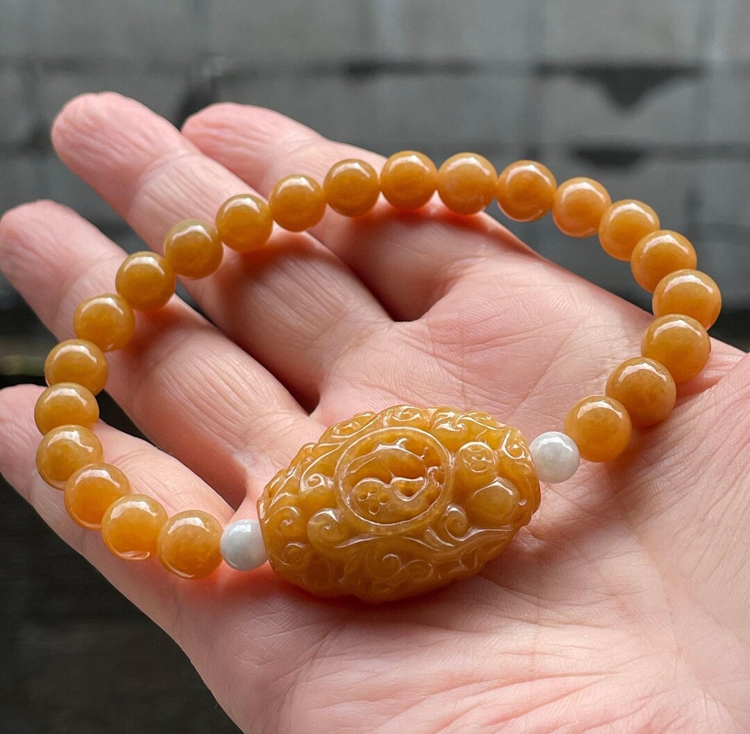 Yellow Jadeite Bracelet – Certified Barrel Bead, Carved Fu 福 Symbol ...