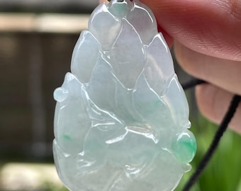 Icy Green Jadeite Fox Pendant Necklace - Natural Type A Jade