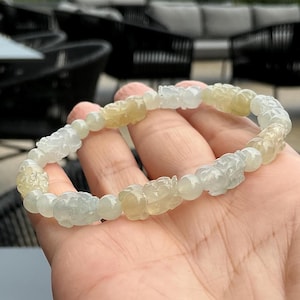 Icy Pixiu Jadeite Bracelet, Natural Type A Icy Pixiu Jadeite Bracelet, 6.6 mm Icy White, Icy Faint Yellow Pixiu Jadeite Bracelet