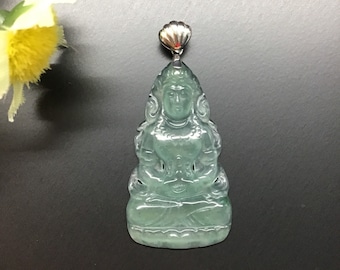 18K Gold Tara Buddha Jadeite Pendant: Bluish Green Myanmar Jade