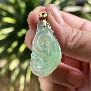 Rare 18K Glassy Light Green Ruyi Jadeite Pendant, Certified Ruyi Jadeite, Icy Light Green Ruyi Jadeite