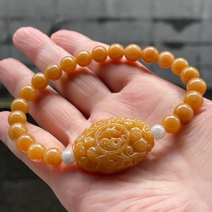 Natürliche Typ A Gelb Jadeit Perlen Armband, 7,8 mm Gelb Jadeit Armband, zertifizierte Gelb Barrel Jadeit