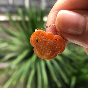 Hollow Carved Fu Jadeite Pendant, Ruyi Hollow Carved Fu Jadeite Necklace, Reddish Brown Jadeite