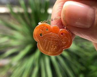 Hollow Carved Fu Jadeite Pendant, Ruyi Hollow Carved Fu Jadeite Necklace, Reddish Brown Jadeite